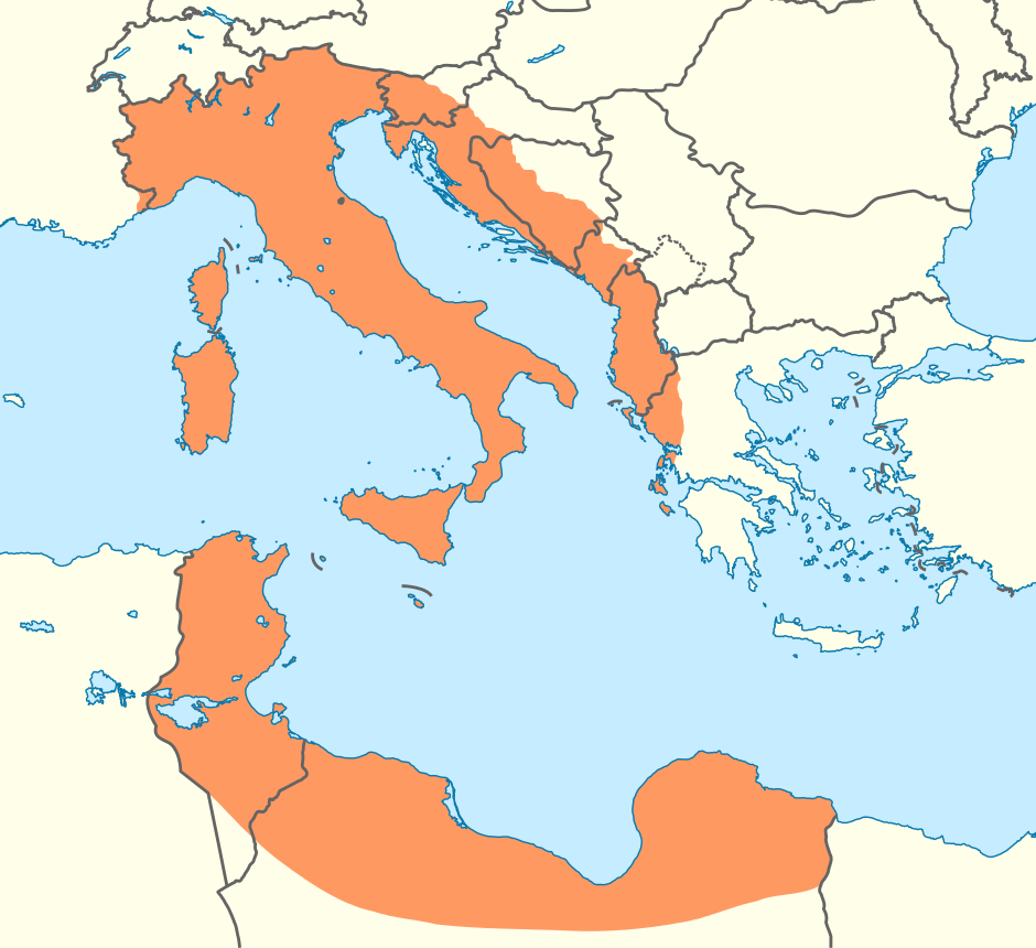 Το Μουσολινικό όραμα μιας «Μεγάλης Ιταλίας» στο χώρο της Μεσογείου, επακόλουθο μιας Διάσκεψης Ειρήνης που θα γίνονταν μετά τη νίκη του Άξονα. Στον χάρτη δεν περιέχονται οι υπόλοιπες κτήσεις στην Αφρική.