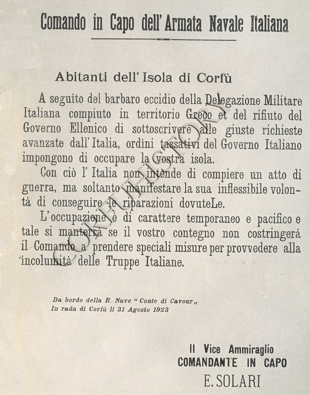 H προκήρυξη του αντιναύαρχου Emilio Solari προς τους Κερκυραίους, αμέσως μετά την ιταλική κατάληψη
